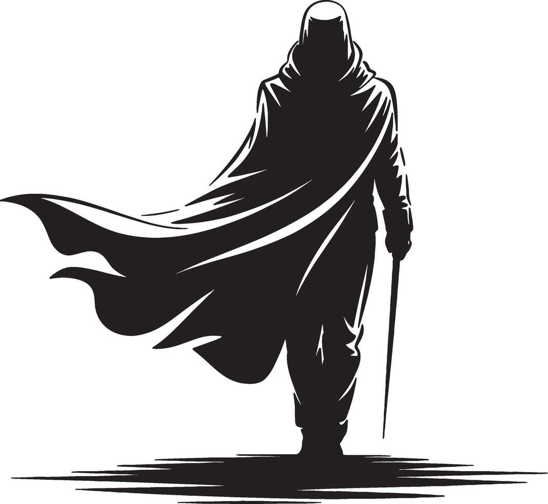 Mysterious figure walking with long cloak and cane vector