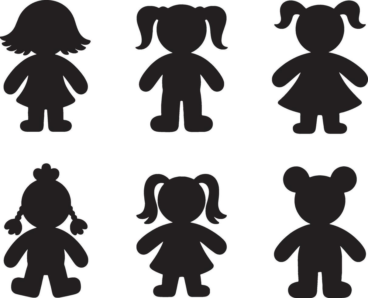 Six silhouettes of cute children and a teddy bear vector