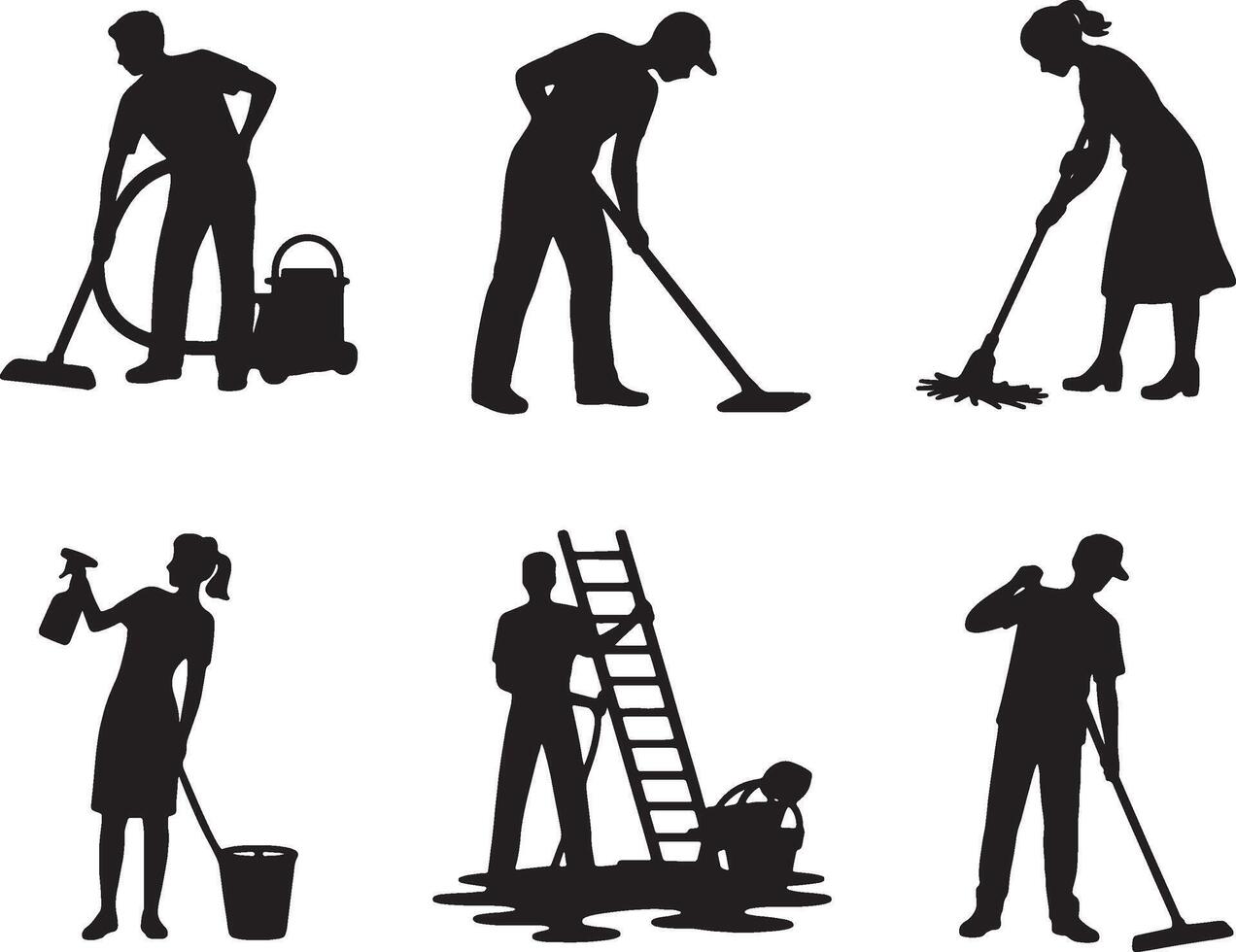 silhouettes of people cleaning and cleaning vector