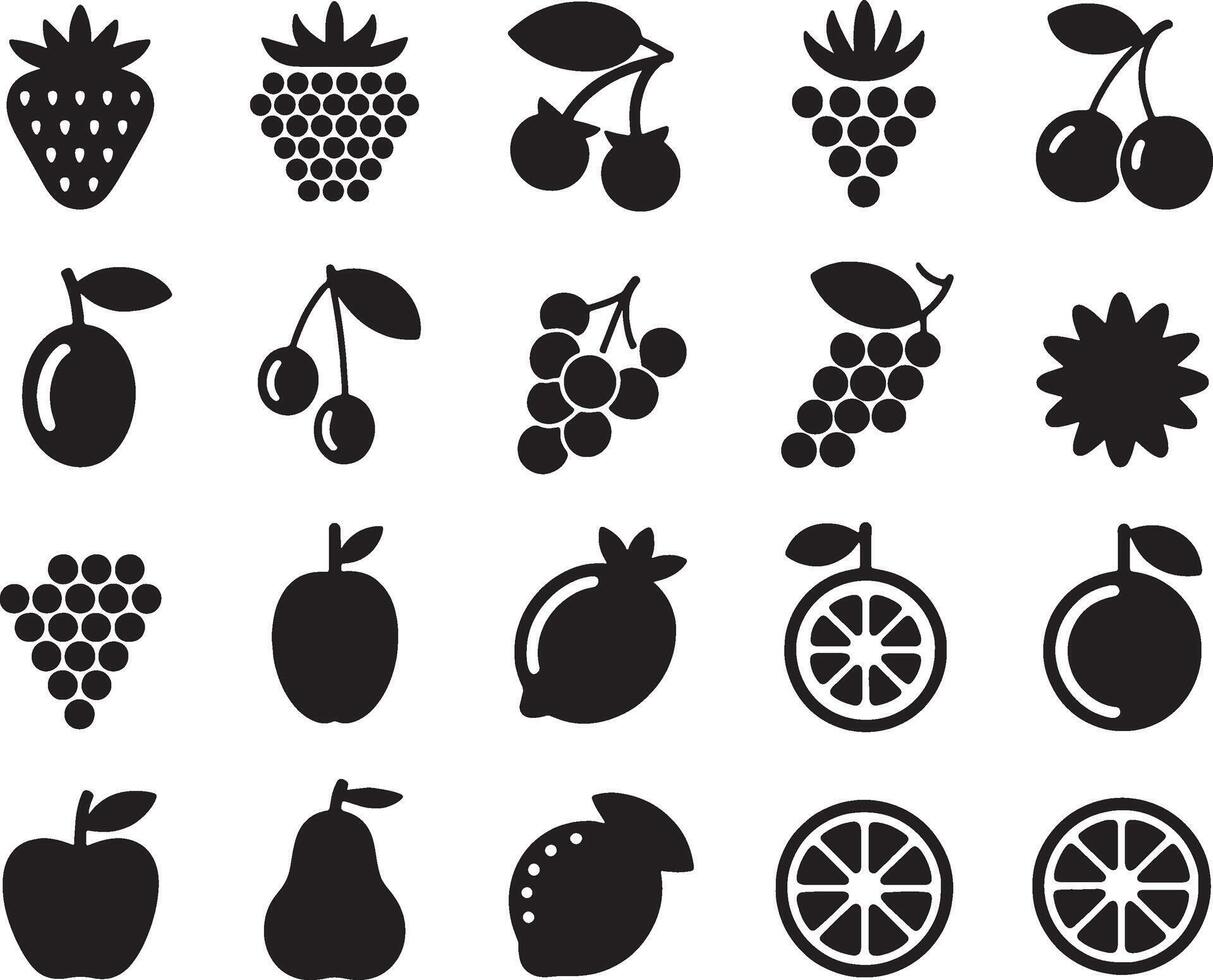 Collection of black and white fruit icons vector