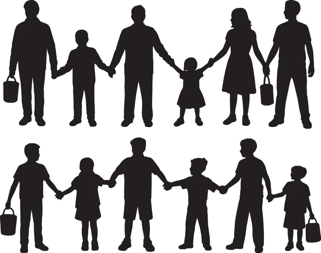 Silhouettes of families holding hands with buckets vector