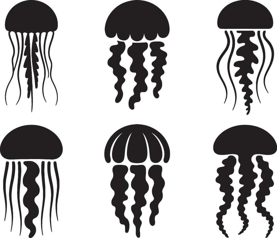 Six silhouettes of jellyfish ocean life sea creatures vector
