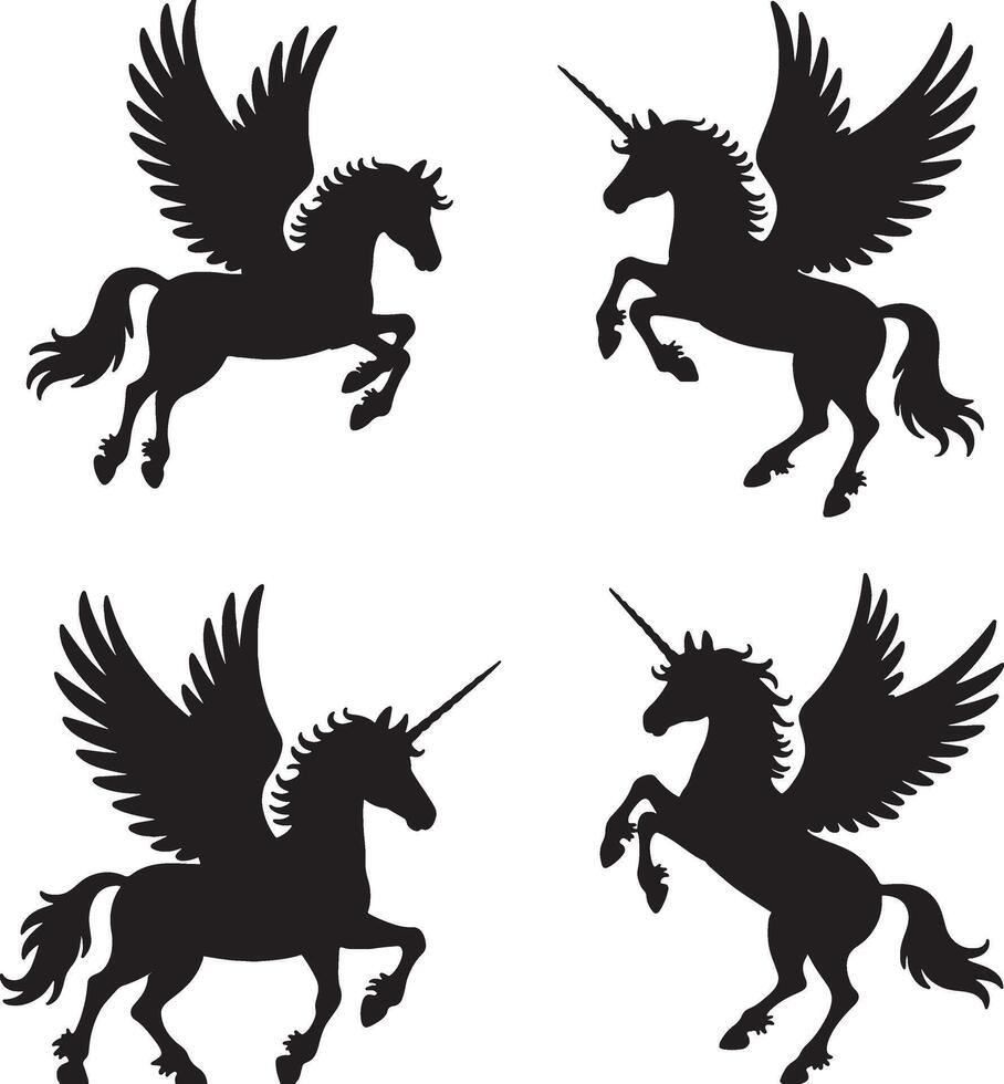 four black silhouettes of flying horses vector