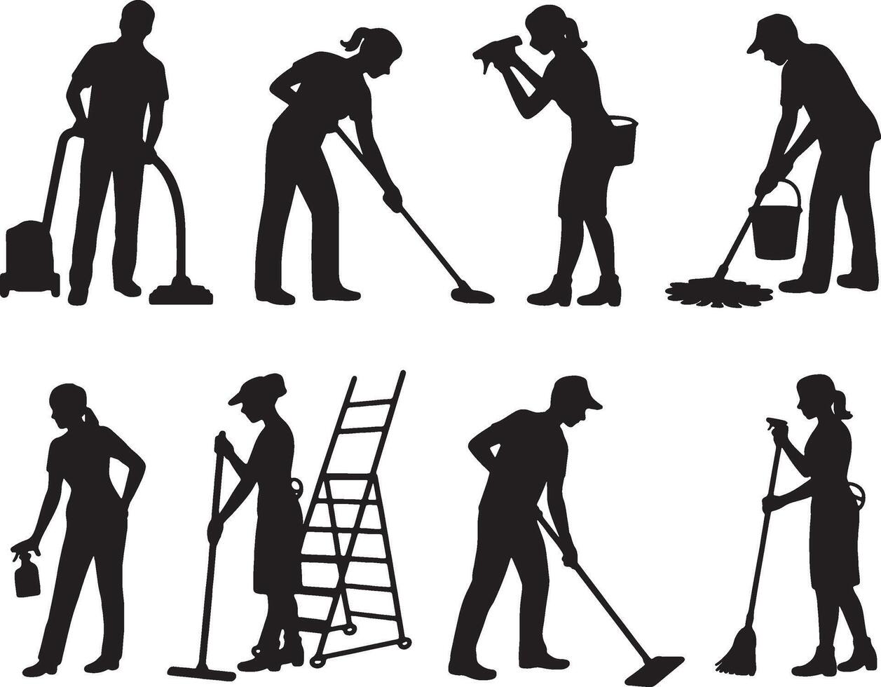 Cleaning service workers diverse tasks silhouettes vector