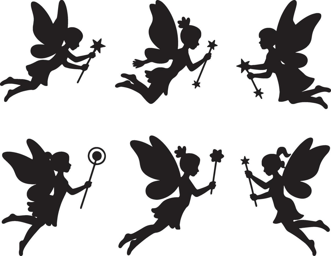 Six silhouettes of cute little fairies with wands vector