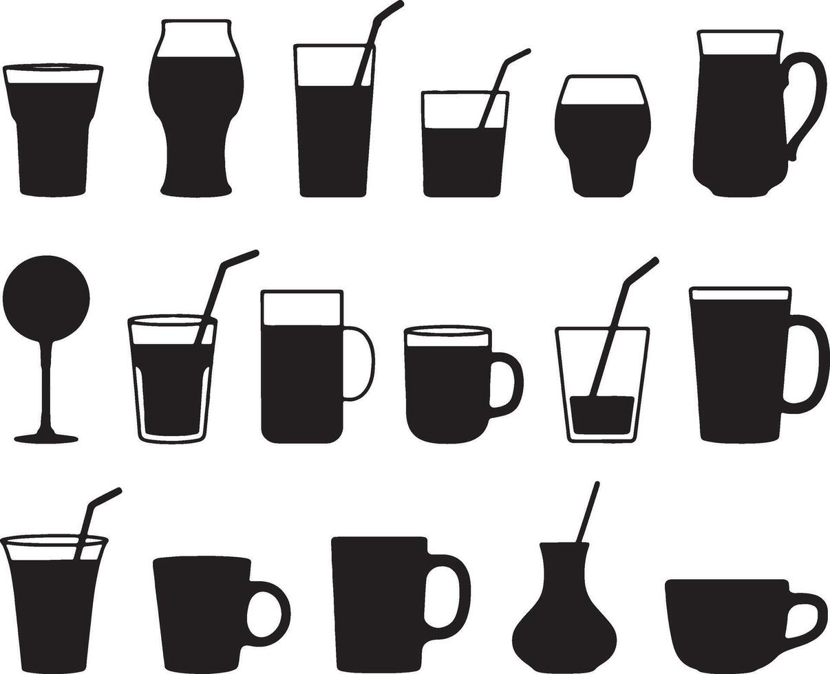 a collection of different types of drinks and glasses vector