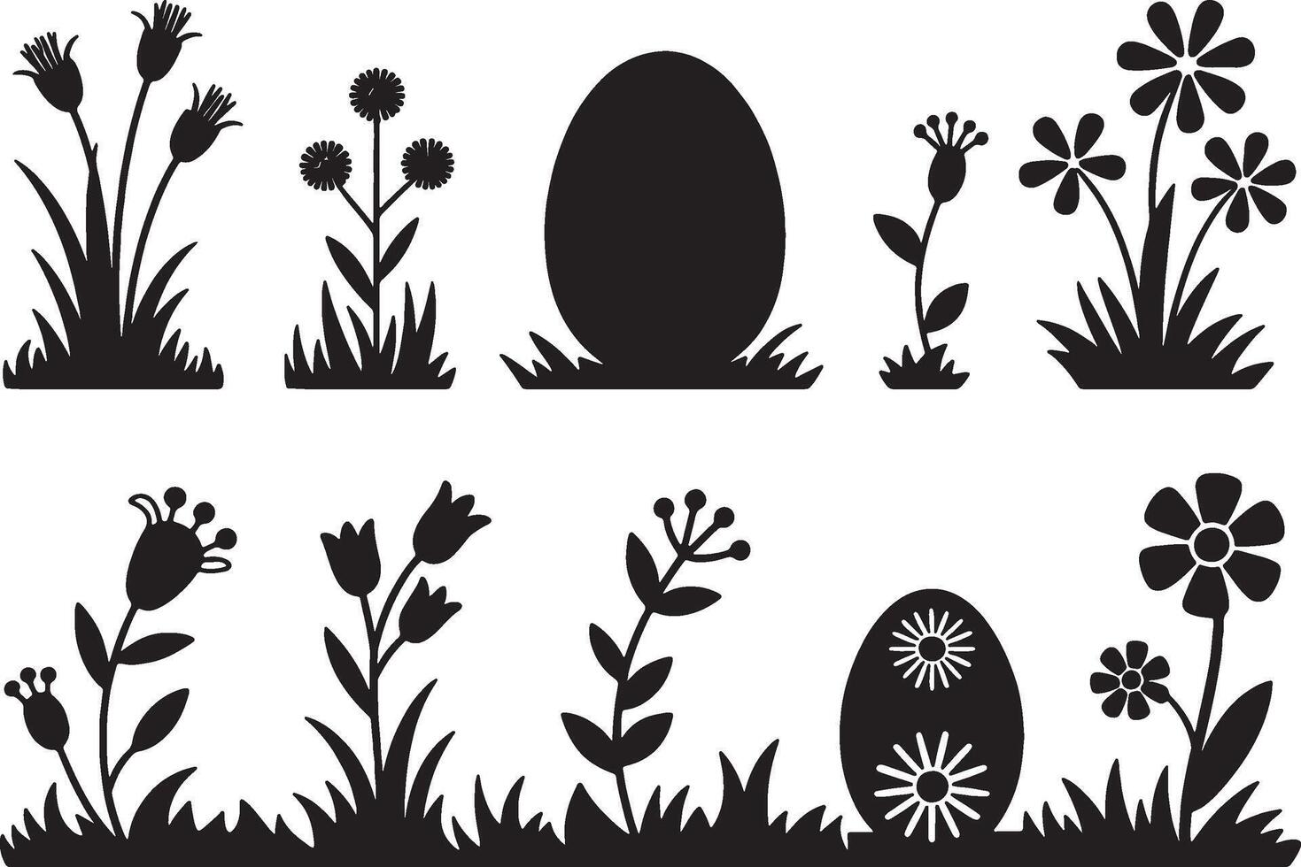 Spring flowers easter eggs black silhouettes grass vector