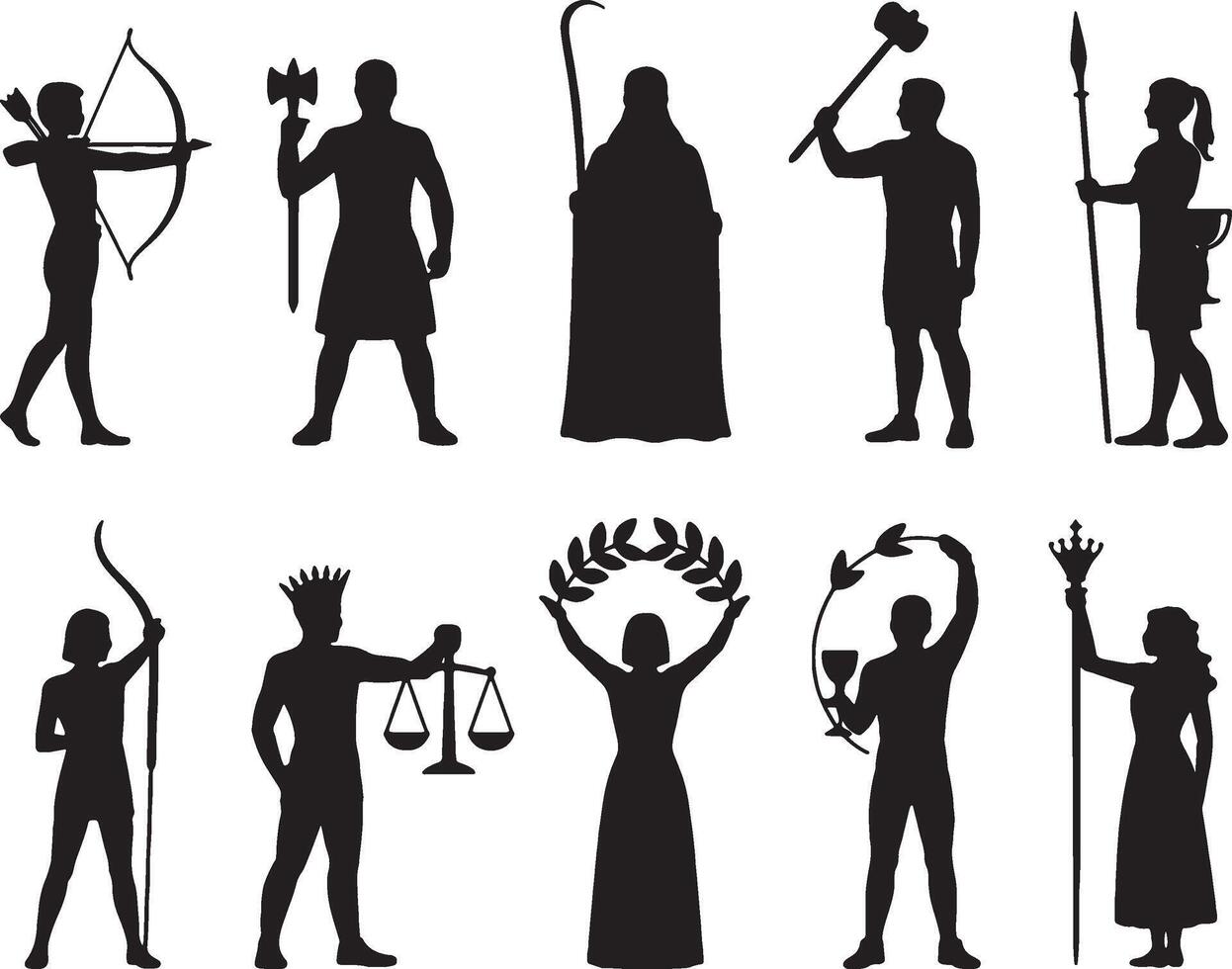 Greek mythology gods and goddesses silhouette icons vector