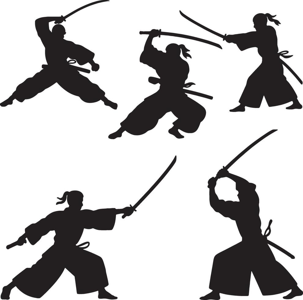 Best Samurai sword fighting silhouettes action poses vector