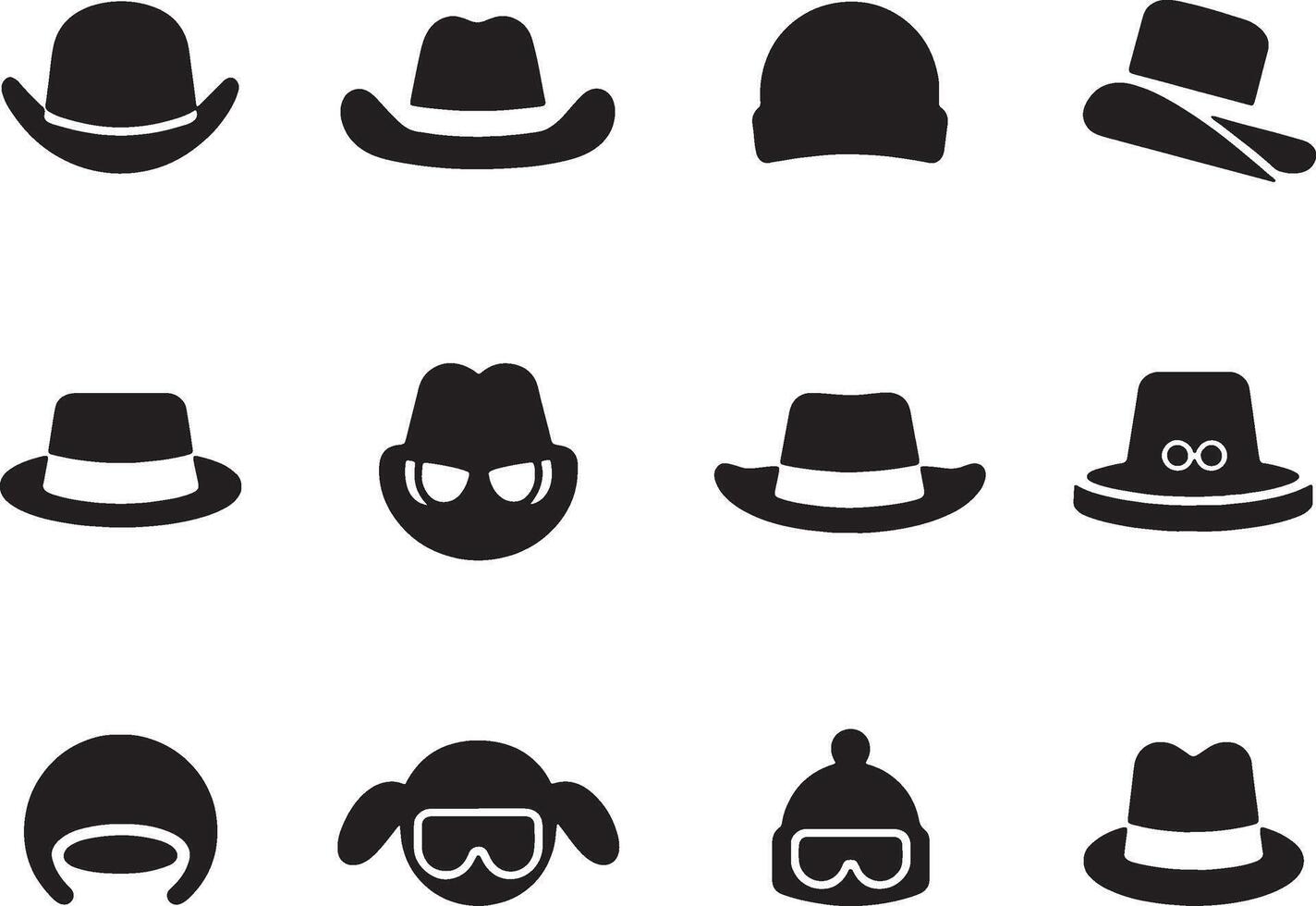 Twelve black silhouettes of various hats and headwear vector