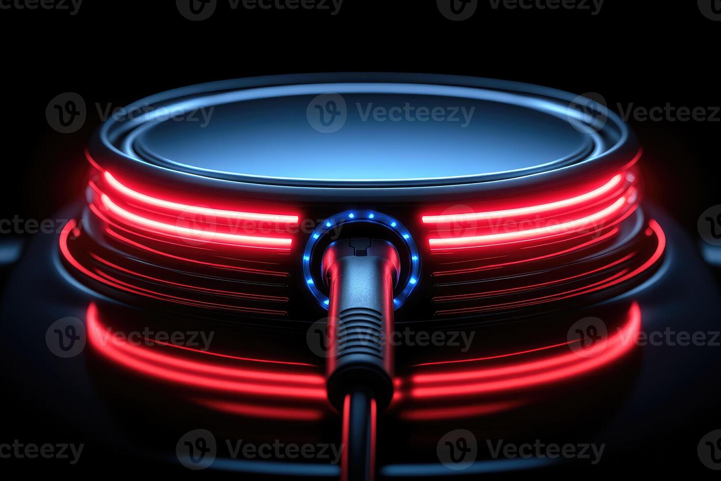Abstract, futuristic, circular platform with glowing neon lights. photo