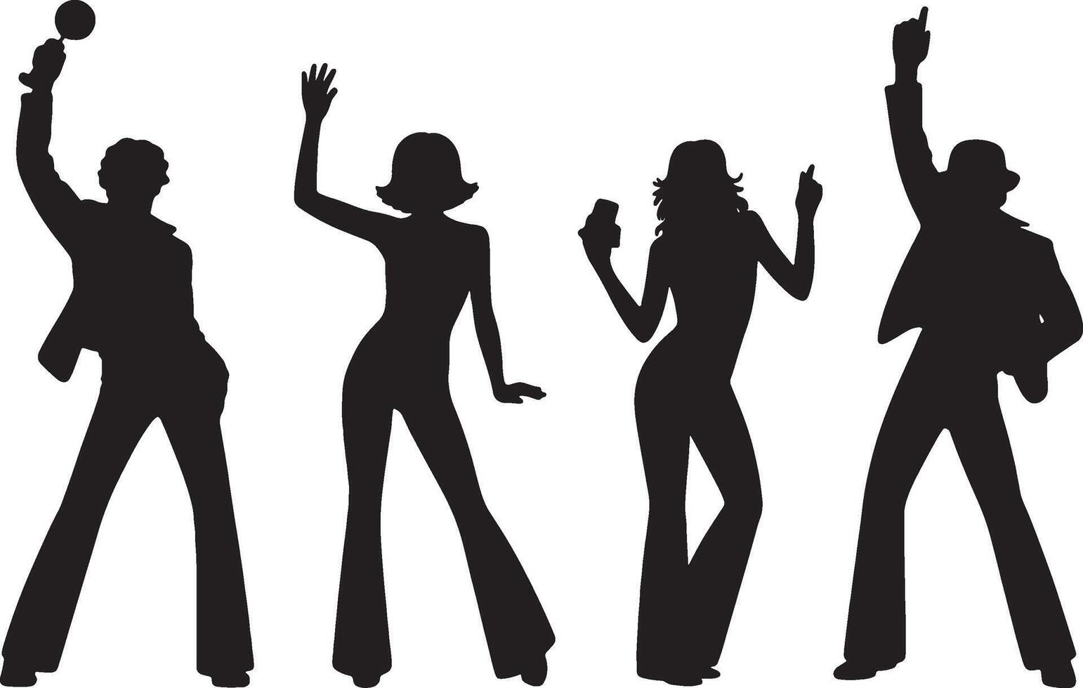 Silhouettes of four people dancing disco style vector