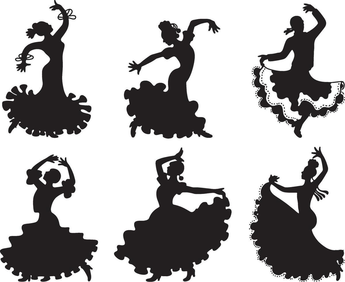 Six silhouettes of flamenco dancers in motion vector
