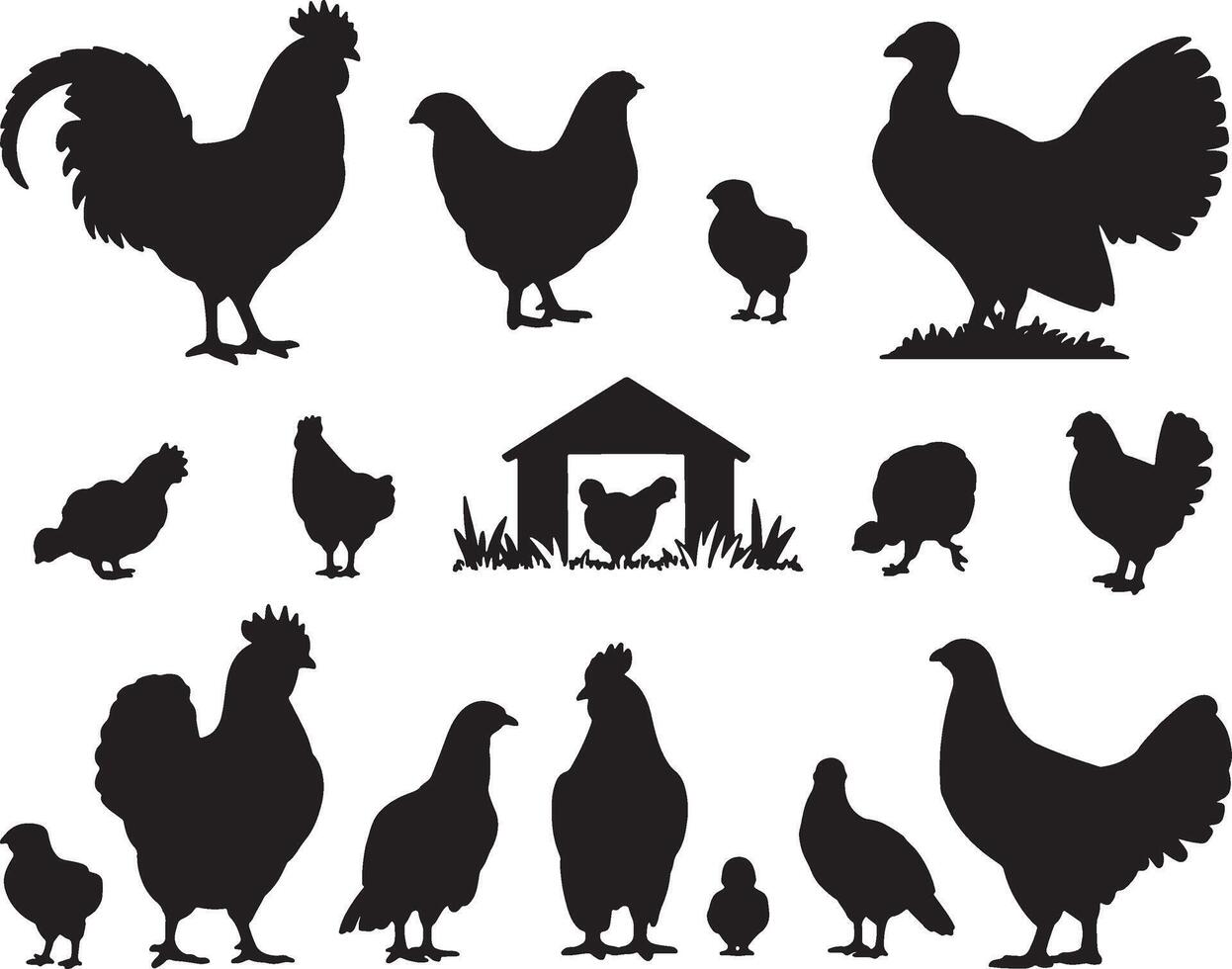 Silhouettes of chickens roosters hens coop farm animals vector