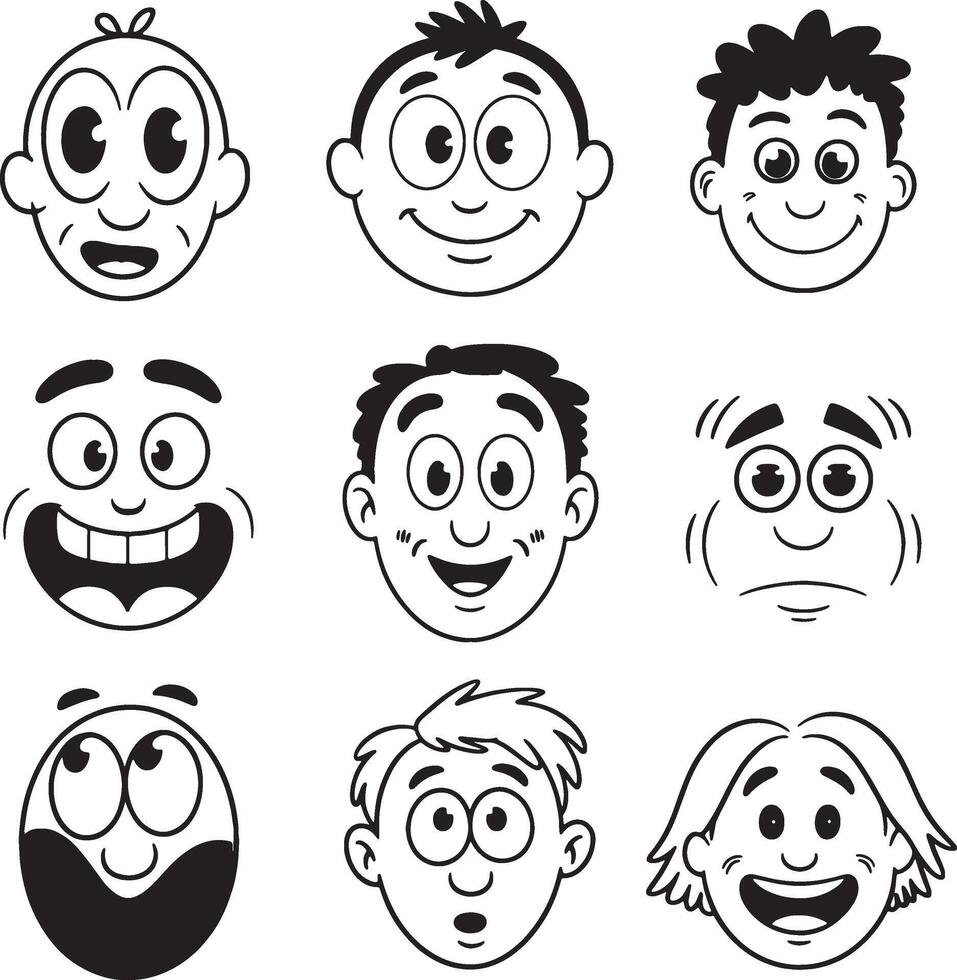 Nine cartoon faces showing various expressions vector