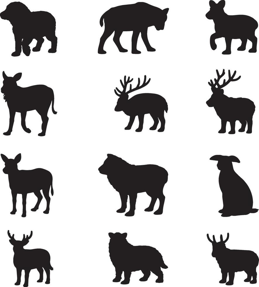 Twelve silhouettes of wild animals in black vector