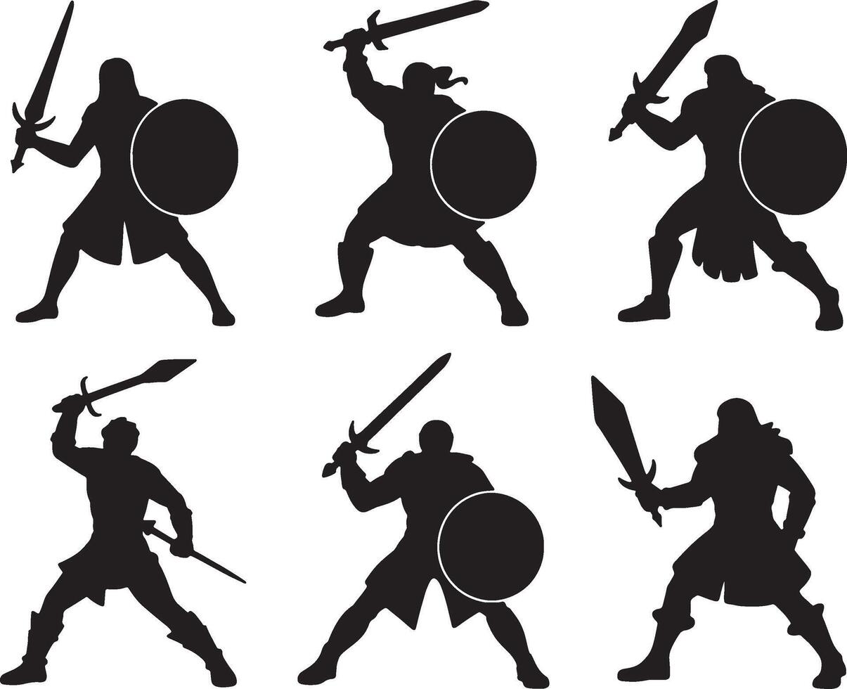 Silhouettes of warriors with swords and shields vector