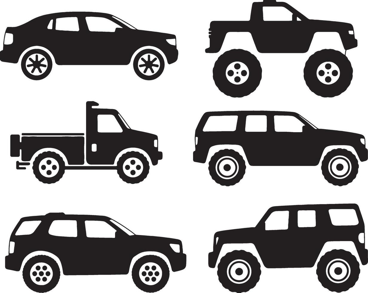 Collection of black silhouette cars trucks suvs vector