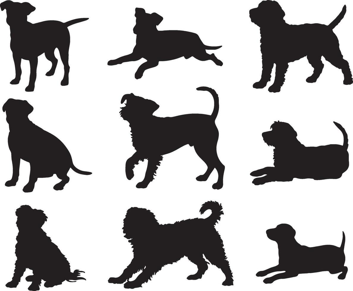 Nine dog silhouettes various breeds poses vector
