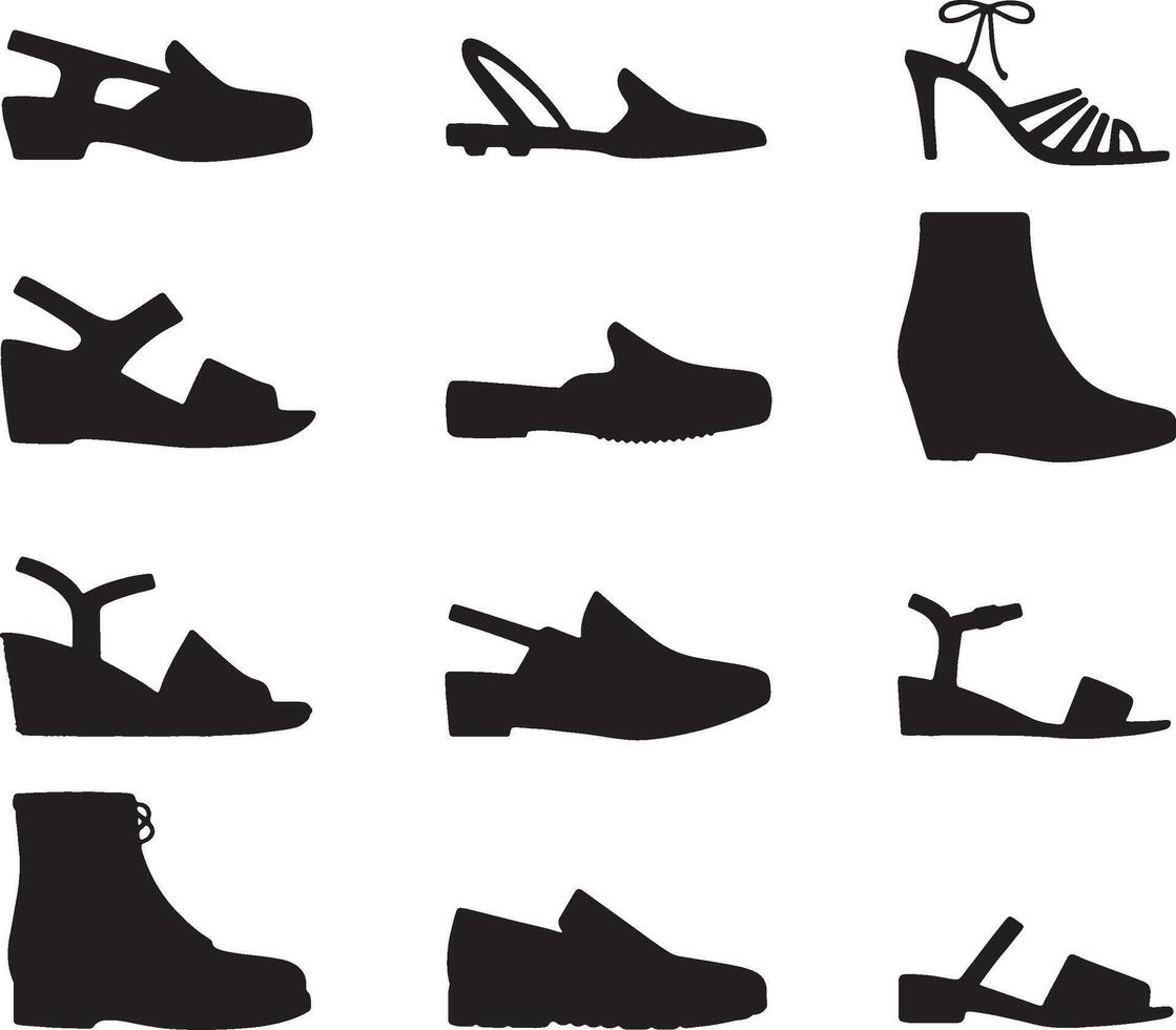 set of silhouettes of various shoes vector