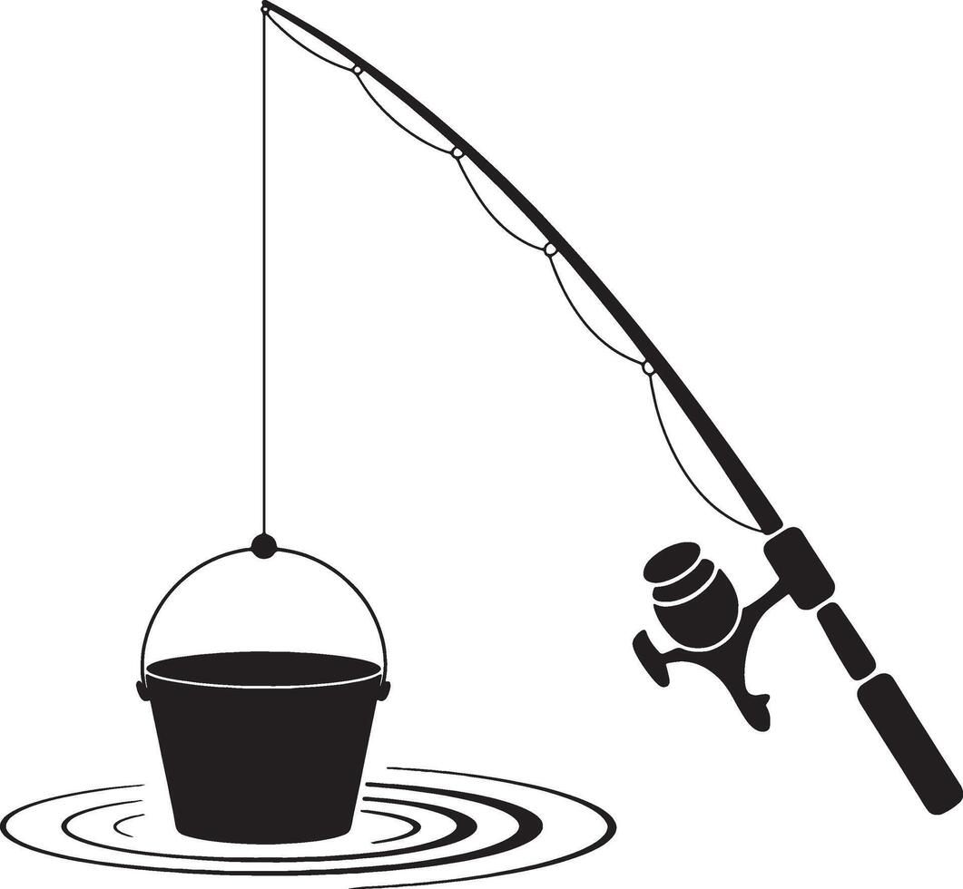 Fishing rod bucket water ripples silhouette vector