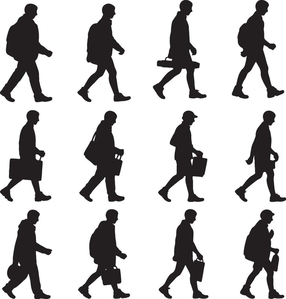 silhouettes of people walking in different poses vector