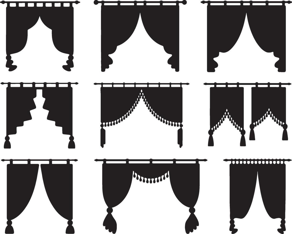 various curtains and curtains in black and white vector