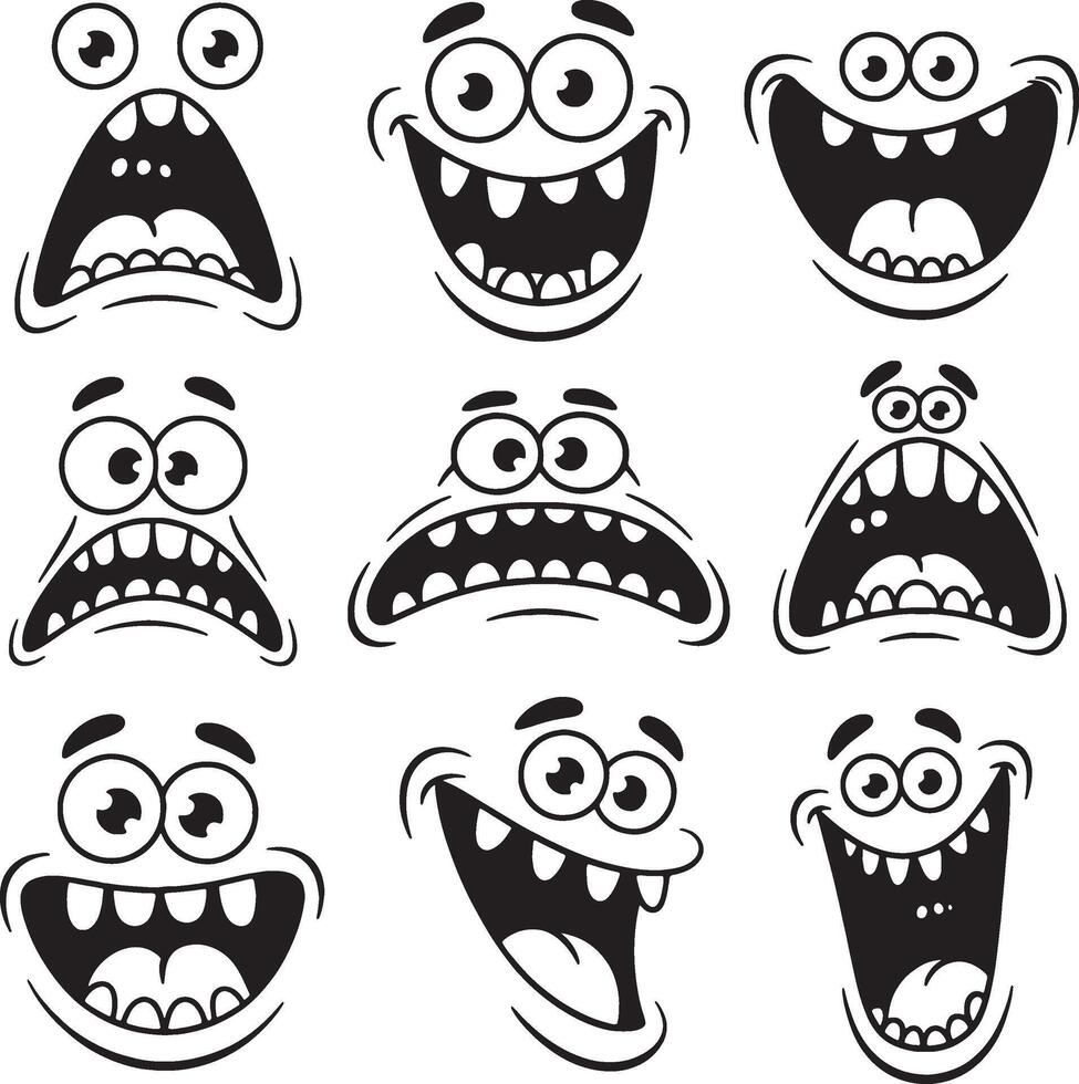 Nine cartoon monster faces showing various emotions vector