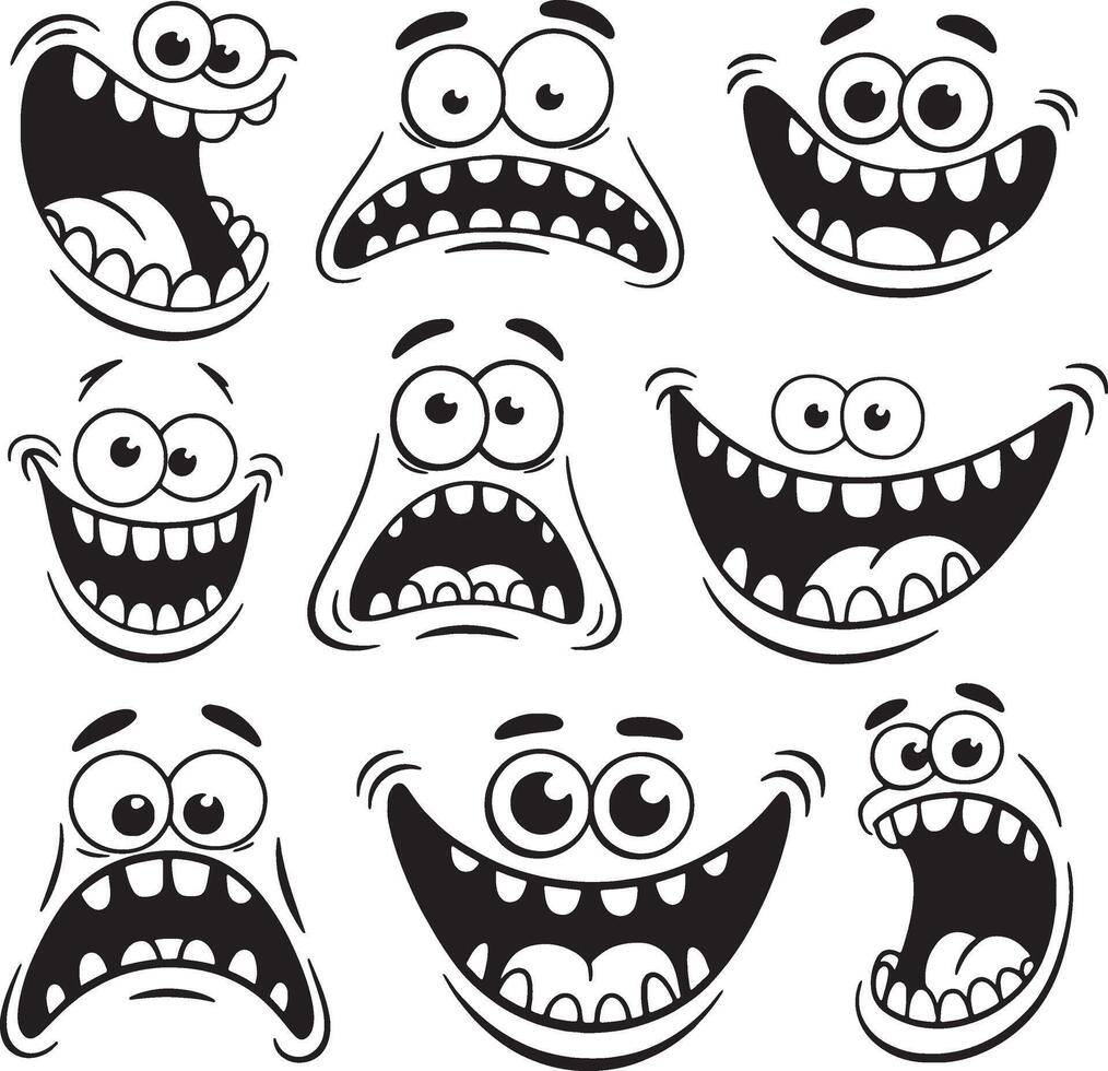 Nine hilarious cartoon monster faces expressions vector