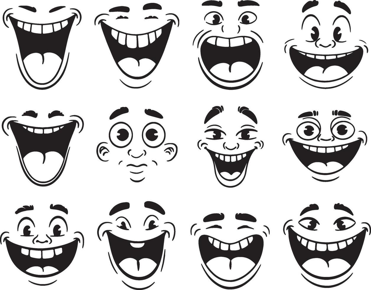 Twelve cartoon faces showing different expressions of joy vector