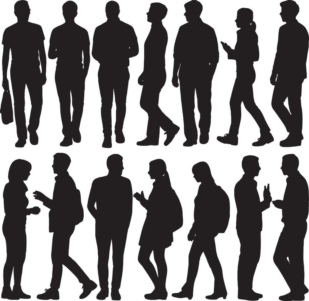 Diverse silhouettes of people walking and talking vector