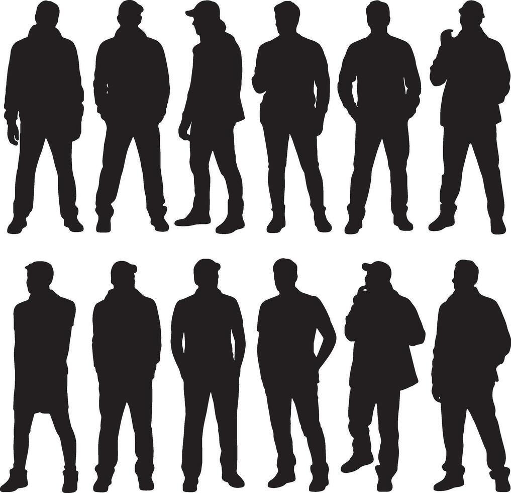Twelve silhouettes of men standing casual poses vector