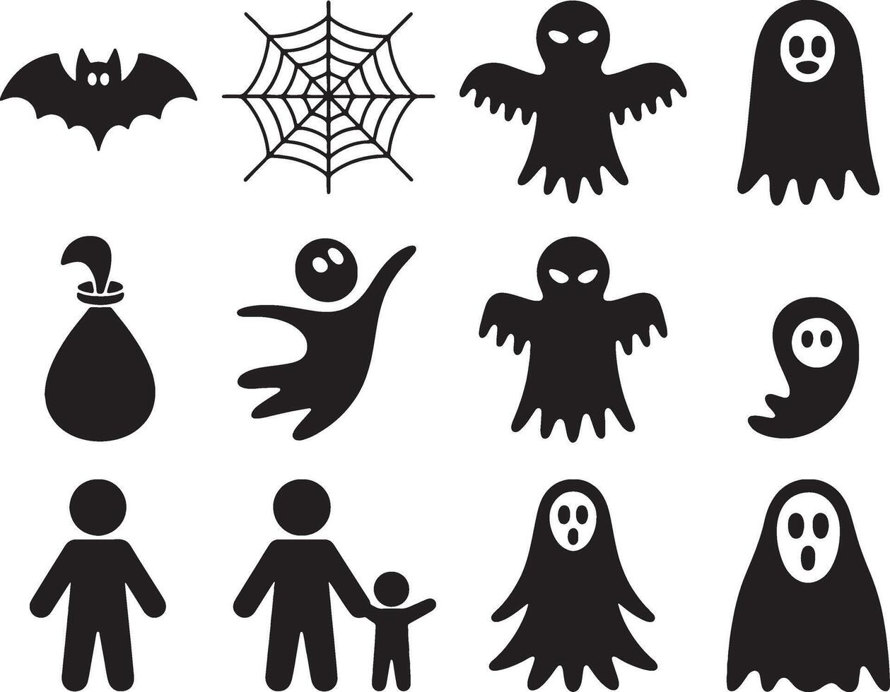 Halloween icons set spooky ghosts bats web vector