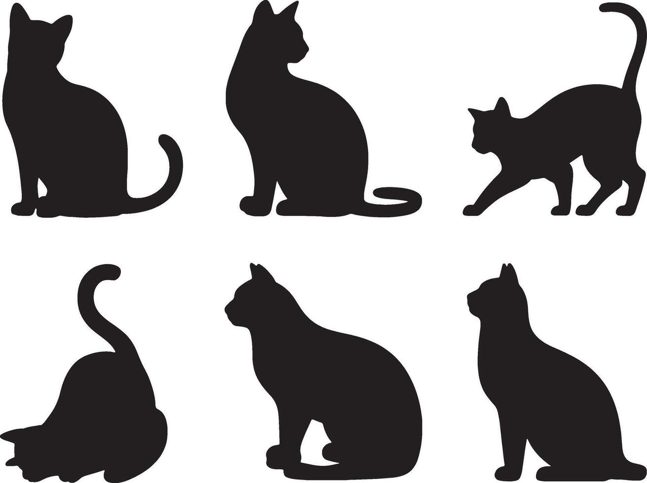 Six silhouettes of cats in various poses vector