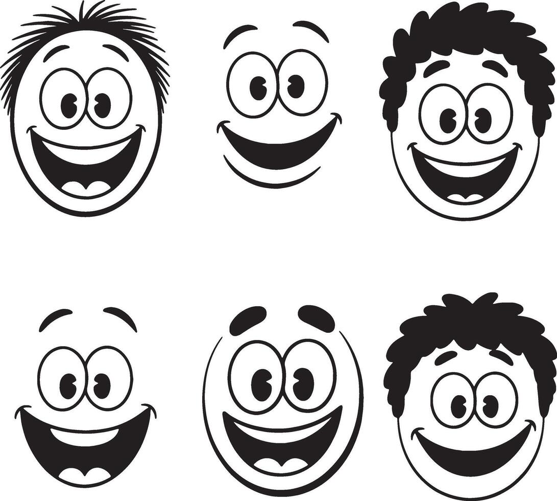 Six happy cartoon faces black and white illustrations vector