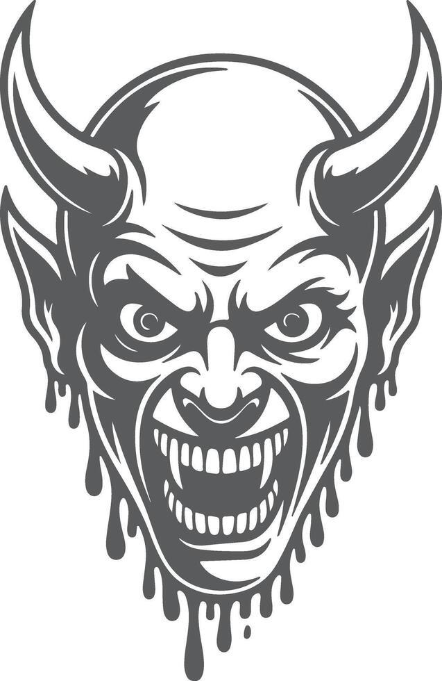 Aggressive devil head dripping blood scary demon vector