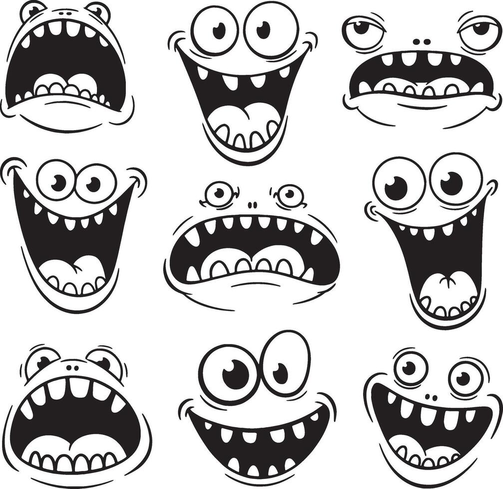 Nine hilarious monster faces cartoon illustrations vector