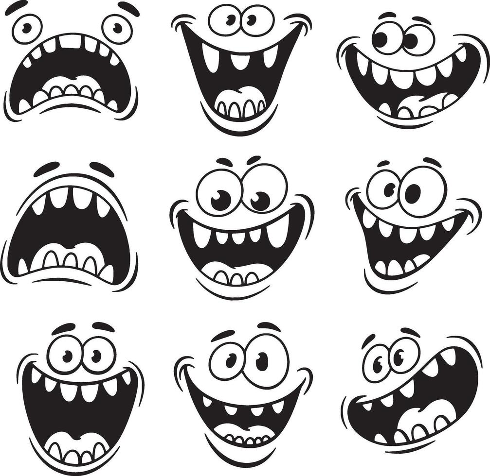 Nine hilarious monster faces cartoon expressions vector