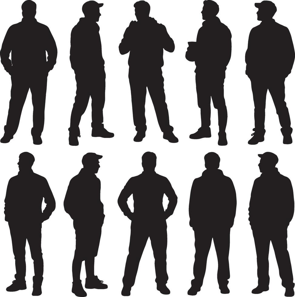 Ten silhouettes of men in casual attire standing vector