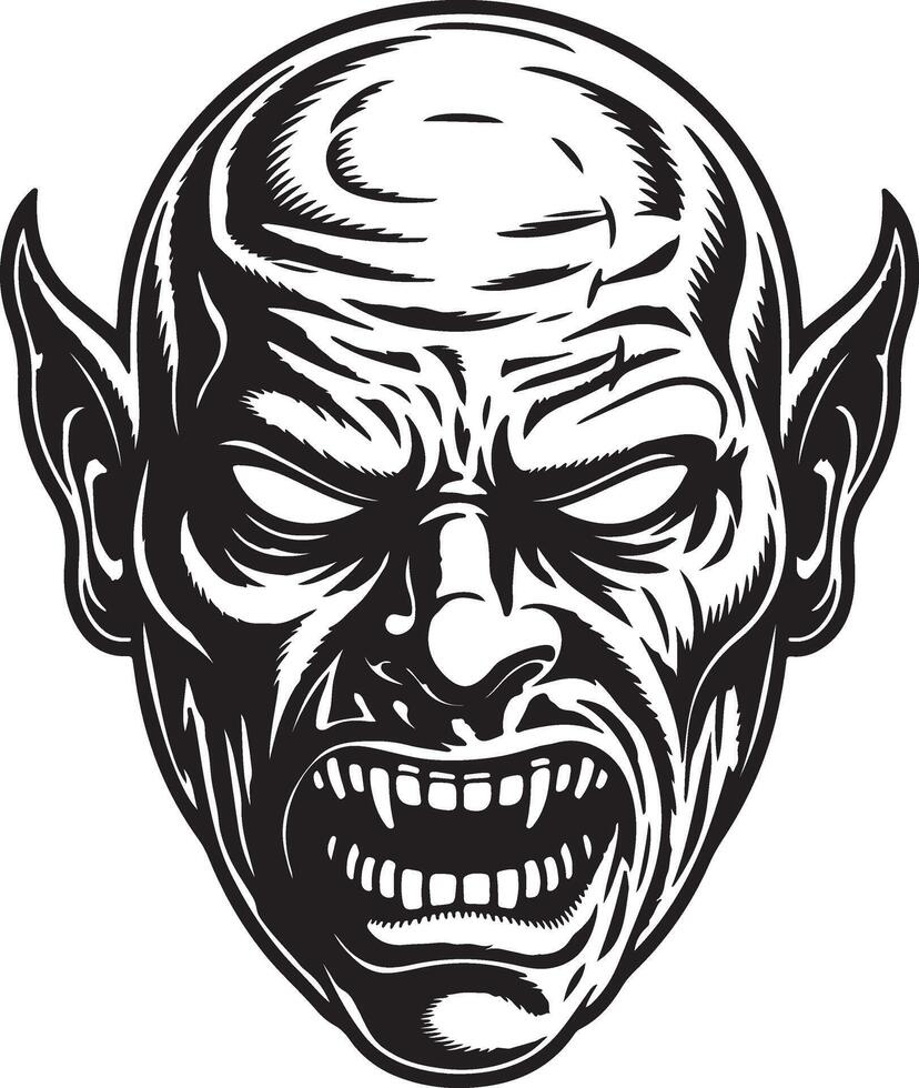 Ferocious vampire monster head black and white illustration vector