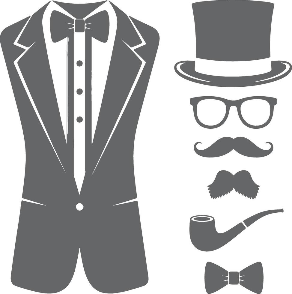 a suit, bowler hat, mustache and glasses vector
