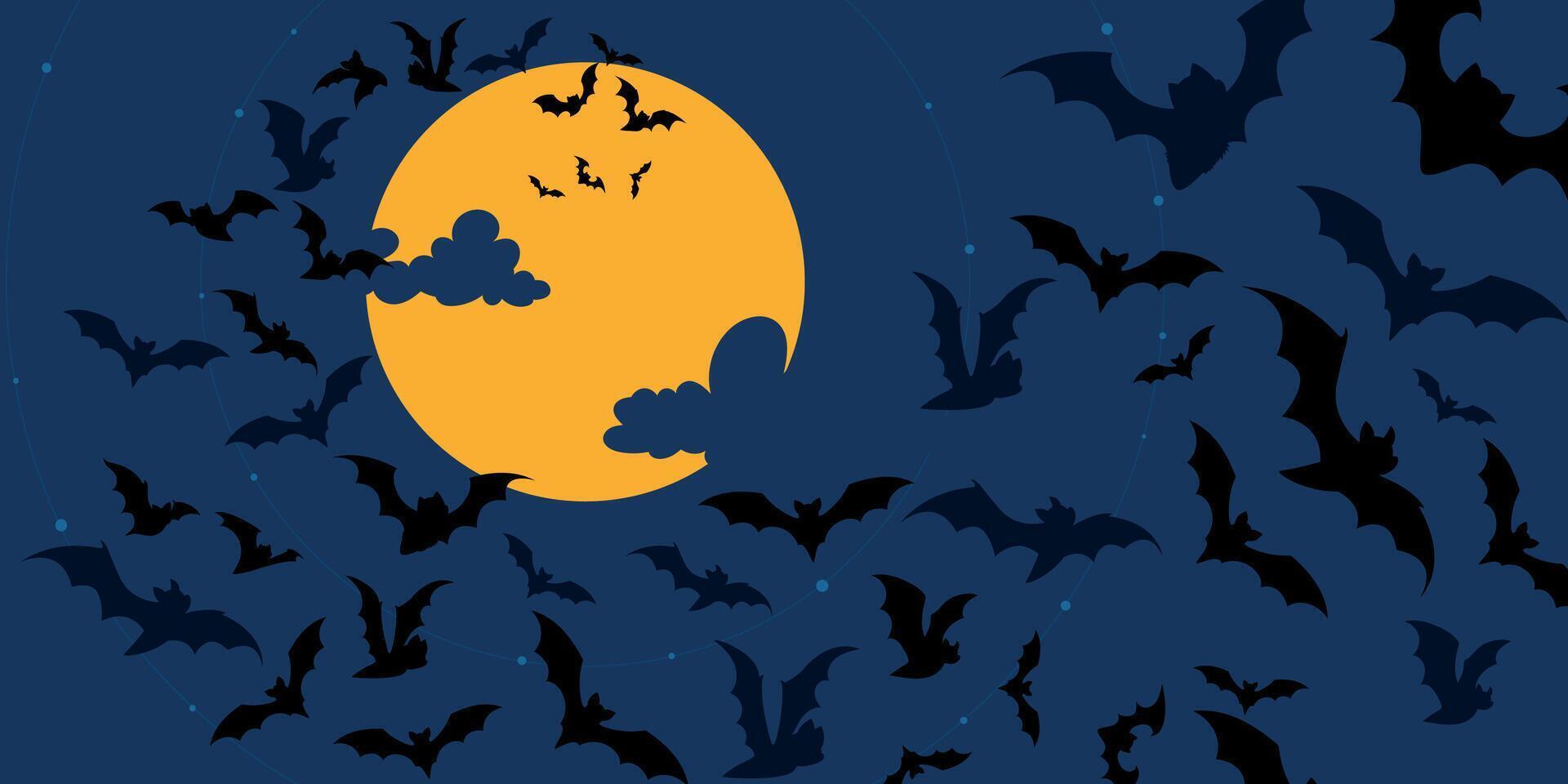 Spooky Halloween Sky with Flying Bats and Full Yellow Moon on Deep Blue Background. Spooky banner perfect for web, cards, invitations vector
