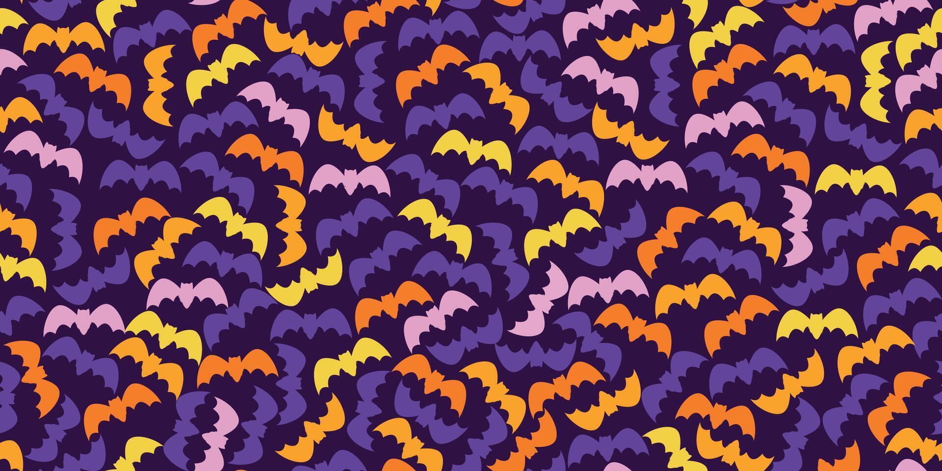 Colorful Halloween Seamless Pattern with Bat Silhouettes on Purple Background. Flying cute bats with orange, pink, and yellow great for Halloween fashion print, wrapping paper, web, wallpapers vector
