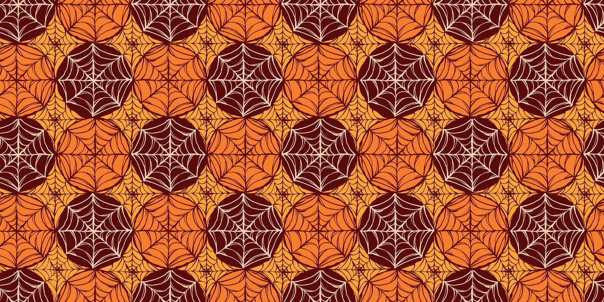 Halloween Spiderwebs in Seamless Pattern Isolated on Orange and Brown Background. Multicolored and rich autumn hues with classic webs great for print, web, fashion, cards, wrapping paper vector