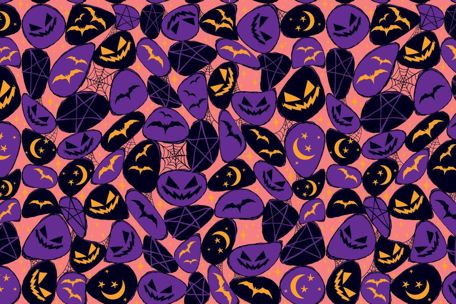 Hand Drawn Halloween Abstract Seamless Pattern with Purple Blobs with Scary Faces, Moons, Bats, and Spider Webs. Playful background perfect for print, web, fashion, cards, wrapping paper vector
