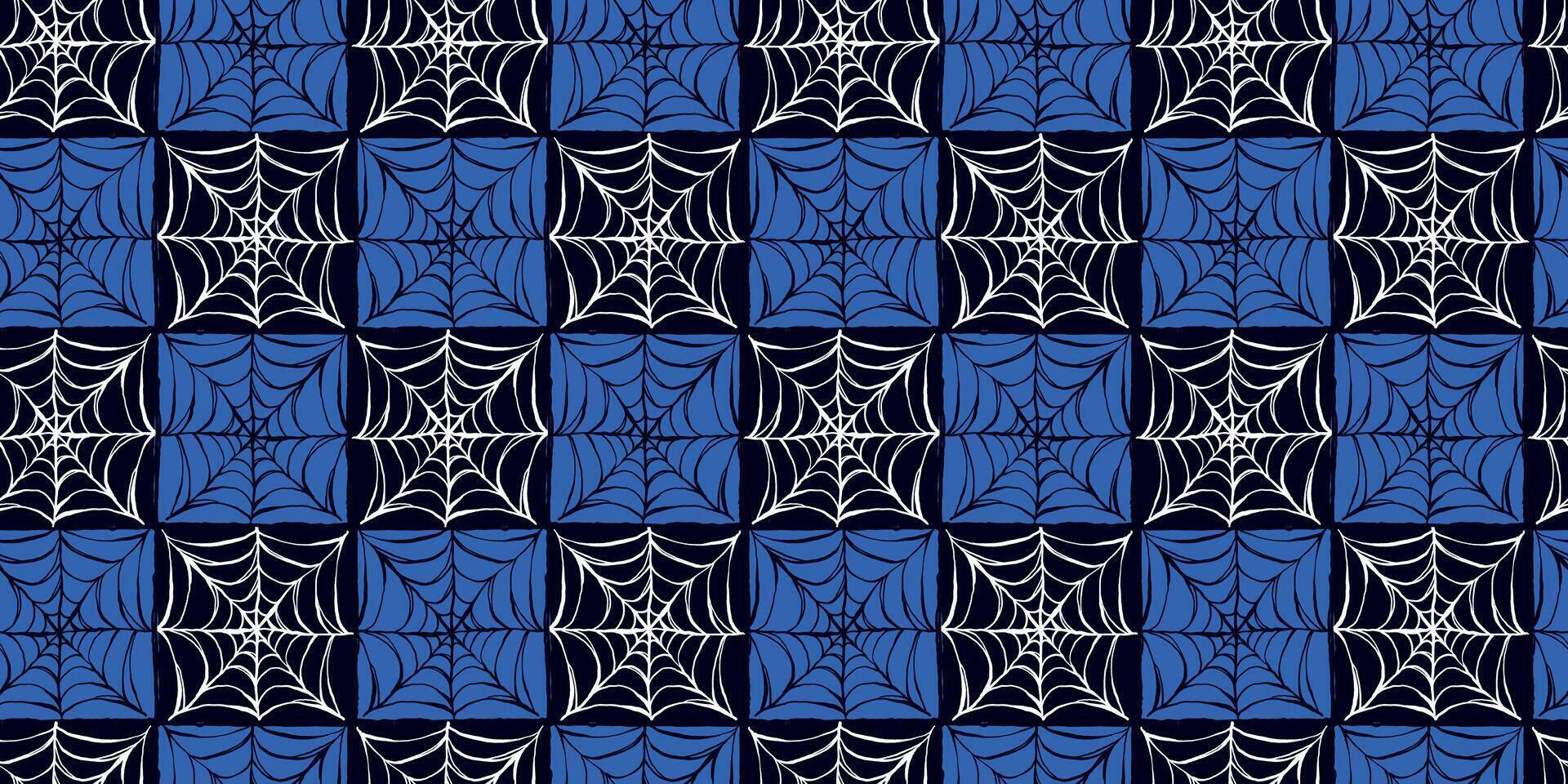 Halloween Seamless Pattern with Geometric Spiderwebs in Blue and Black. Modern and minimal cobweb design great for print, web, fashion, cards, wrapping paper vector