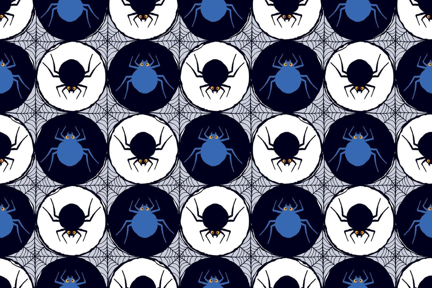 Halloween Pattern with Blue and Black Cartoon Spiders and Spider Web in Circular Grid Isolated on White Background. Quirky and spooky spider elements great for print, web, fashion, cards, wrapping vector