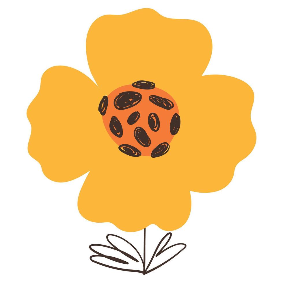 Creative Yellow Flower with Simple Brush Line Decorations in Hand Drawn Style. Colorful plant with cute line sketches of branches isolated on white background. Nature herb perfect for invitations vector
