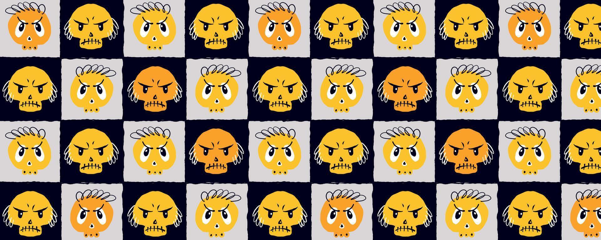 Halloween Checkerboard Pattern with Angry Skull Faces in Quirky Style. Grungy and playful design with expressive Halloween icons in warm yellow and orange hues, ideal for kids apparel, prints, fashion vector