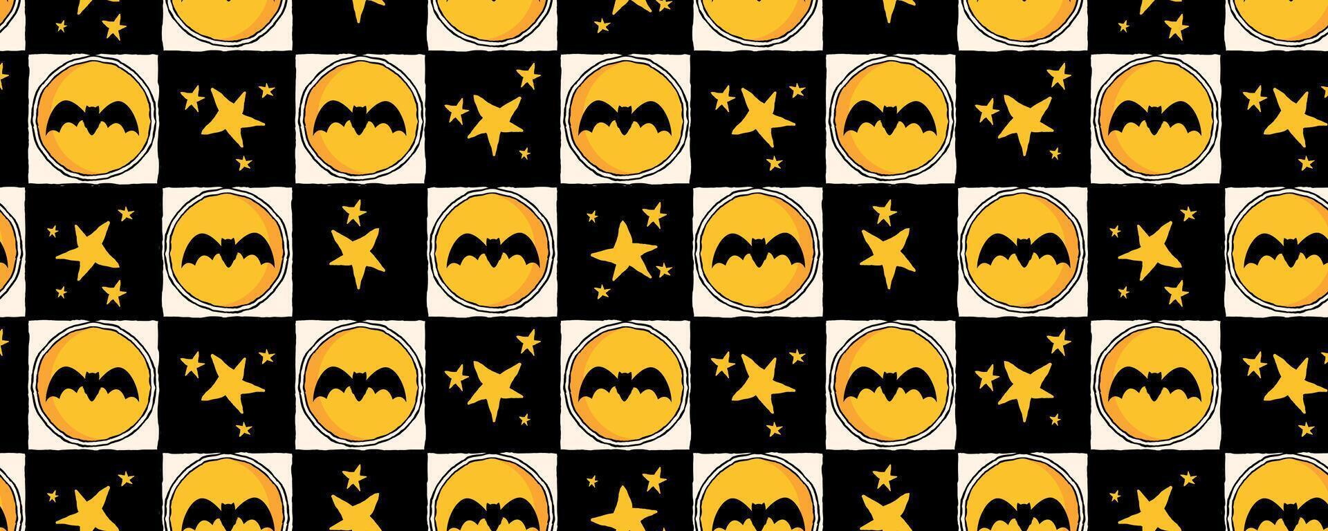 Vintage Halloween Checkerboard Pattern with Bats, Stars, and Crescent Moons. Bold black and yellow design in playful retro style, great fashion, print, web, wallpaper vector